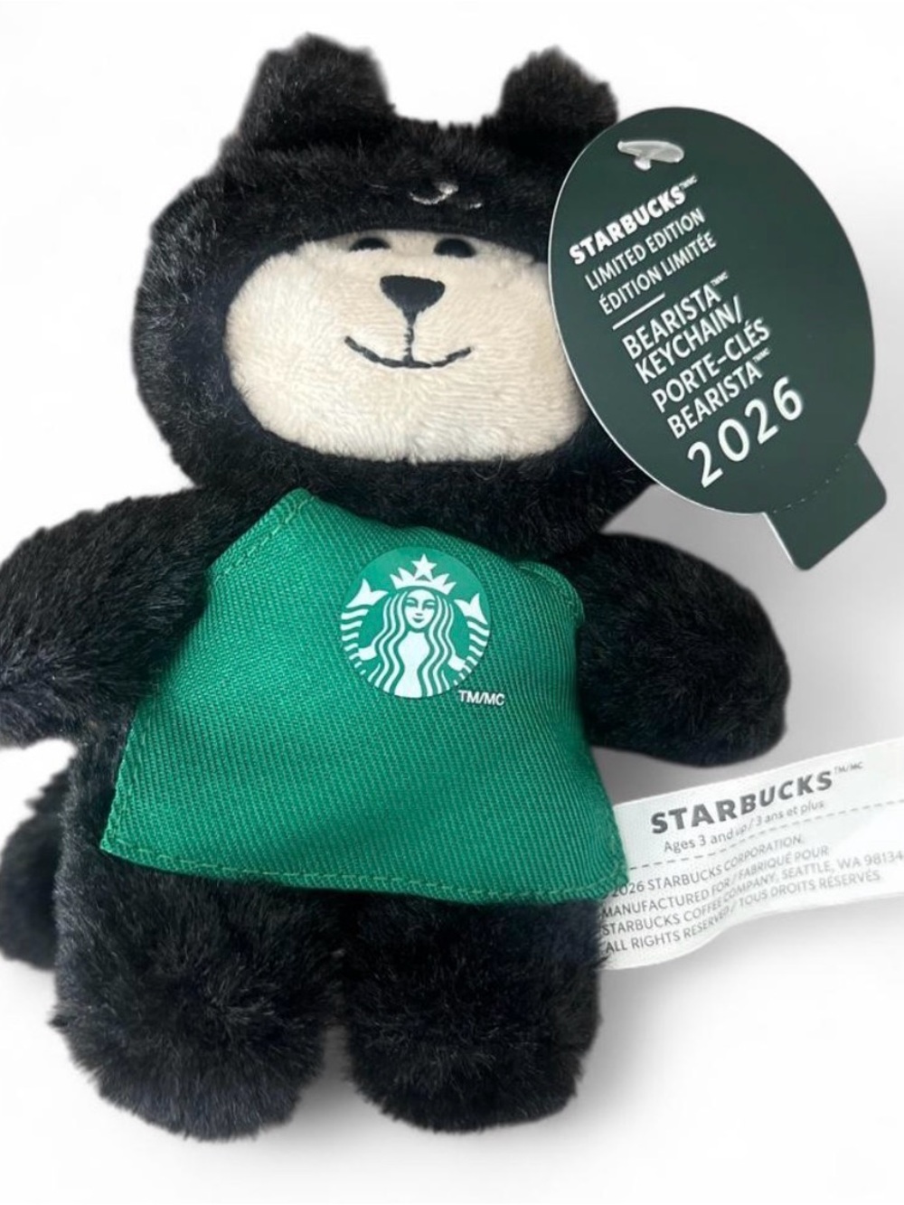 Starbucks Black Plush Bear Keychain with Green Apron